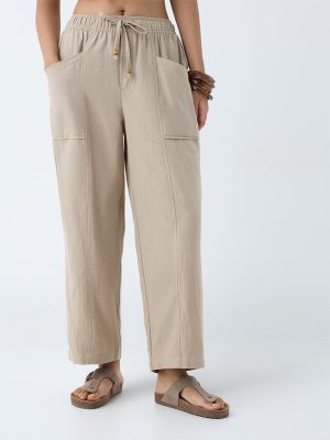 Bombay Paisley Taupe Solid Cotton-Blend Pants