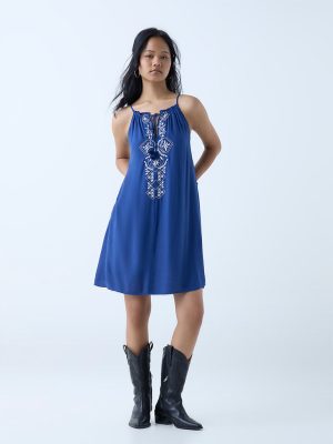 Bombay Paisley Blue Embroidered A-Line Dress