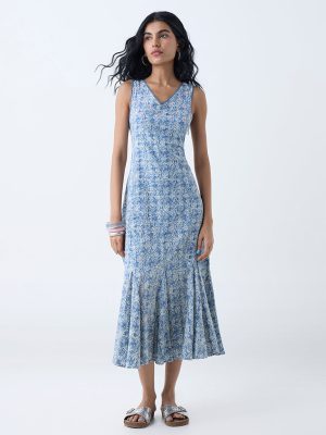 Bombay Paisley Blue Floral Design Cotton Drop-Waist Dress