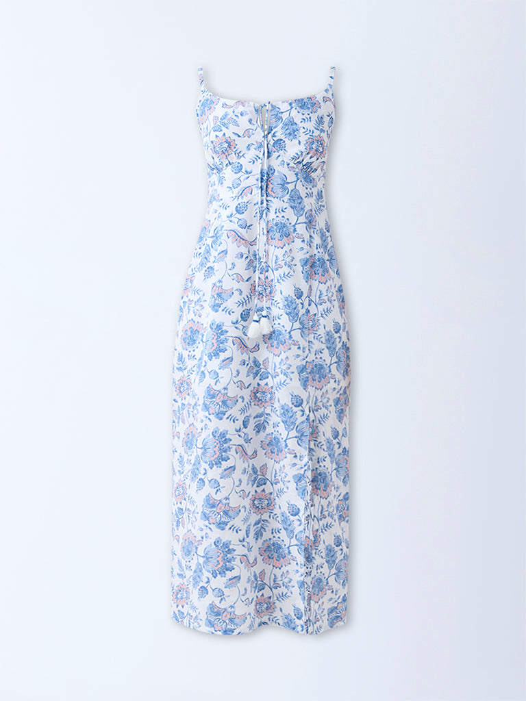 Bombay Paisley Blue Botanical Design Cotton Straight Dress - Image 5