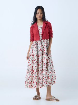 Bombay Paisley Red Floral Print Cotton Tiered Dress with Jacket