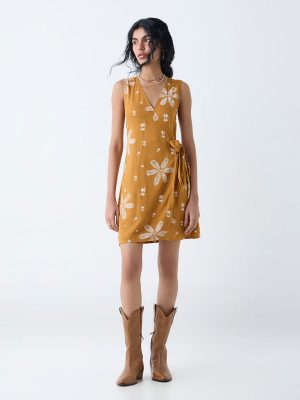 Bombay Paisley Mustard Floral Design Wrap-Style Dress