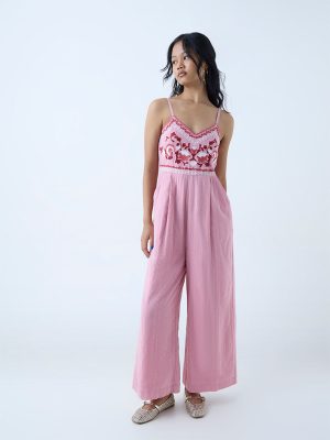 Bombay Paisley Pink Floral Embroidered Cotton Jumpsuit