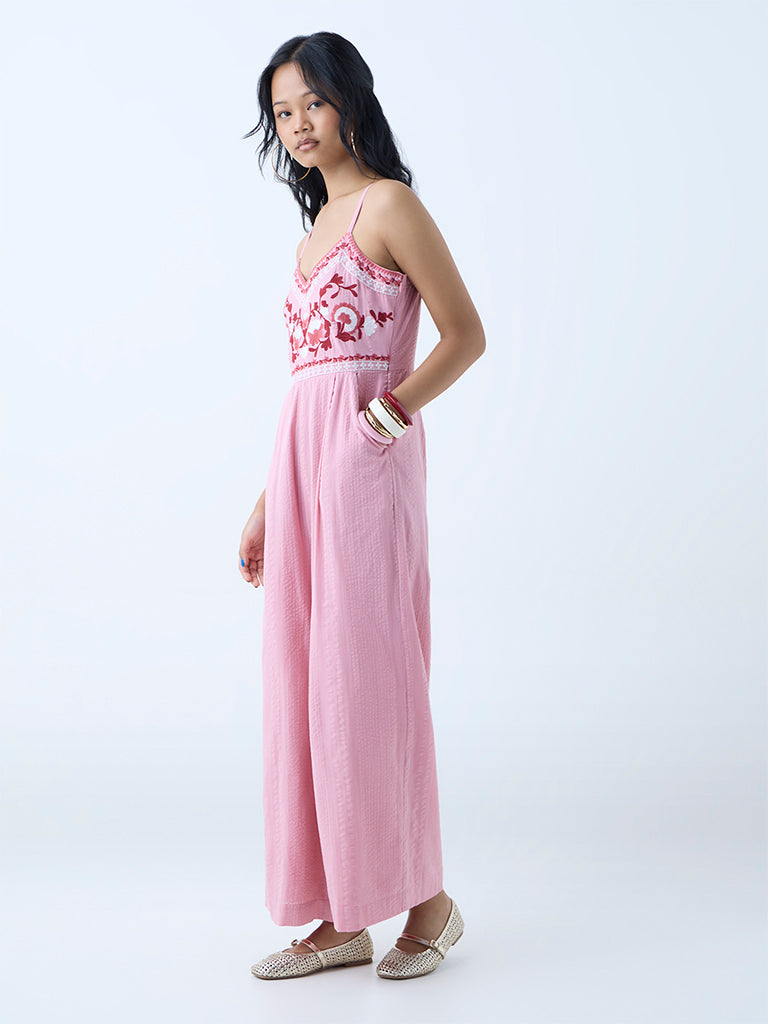 Bombay Paisley Pink Floral Embroidered Cotton Jumpsuit - Image 2