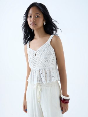 Bombay Paisley White Crochet-Detailed Cotton Top