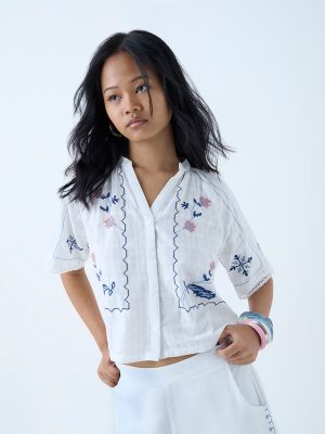 Bombay Paisley White Embroidered Cotton Top