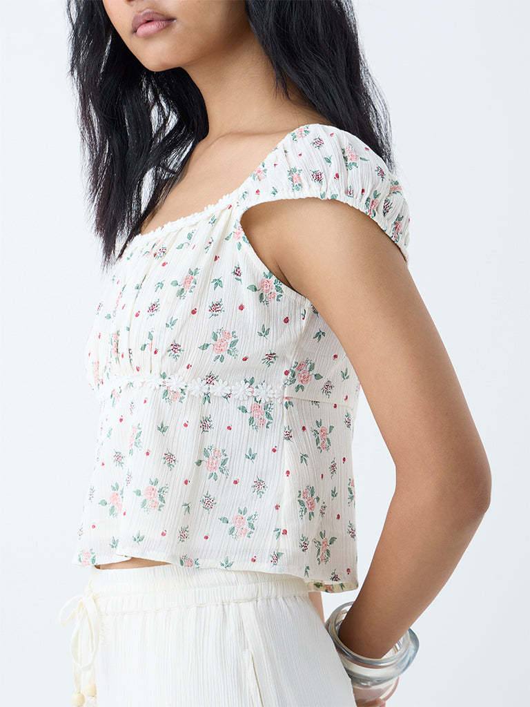 Bombay Paisley White Floral Design Milkmaid Cotton Top - Image 3