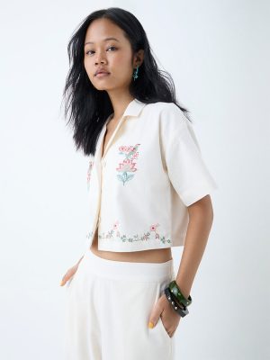 Bombay Paisley Off-White Floral Embroidered Cotton-Blend Shirt