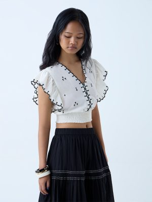 Bombay Paisley Off-White Embroidered Cotton Top
