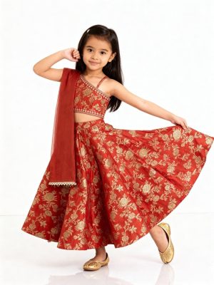 Utsa Kids Orange Floral Ghagra. Choli and Dupatta Set - (2-8yrs)