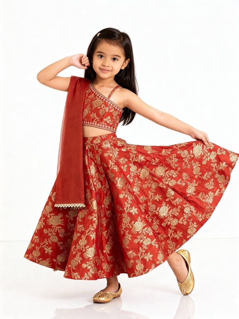 Utsa Kids Orange Floral Ghagra. Choli and Dupatta Set - (2-8yrs)
