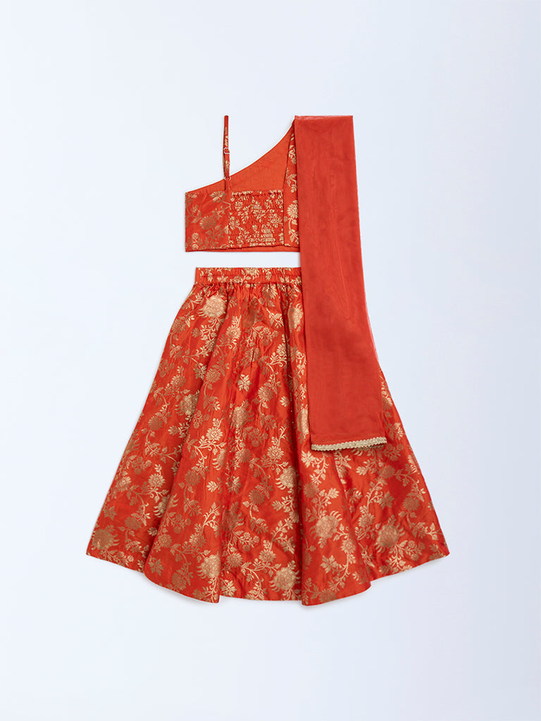 Utsa Kids Orange Floral Ghagra. Choli and Dupatta Set - (2-8yrs) - Image 3