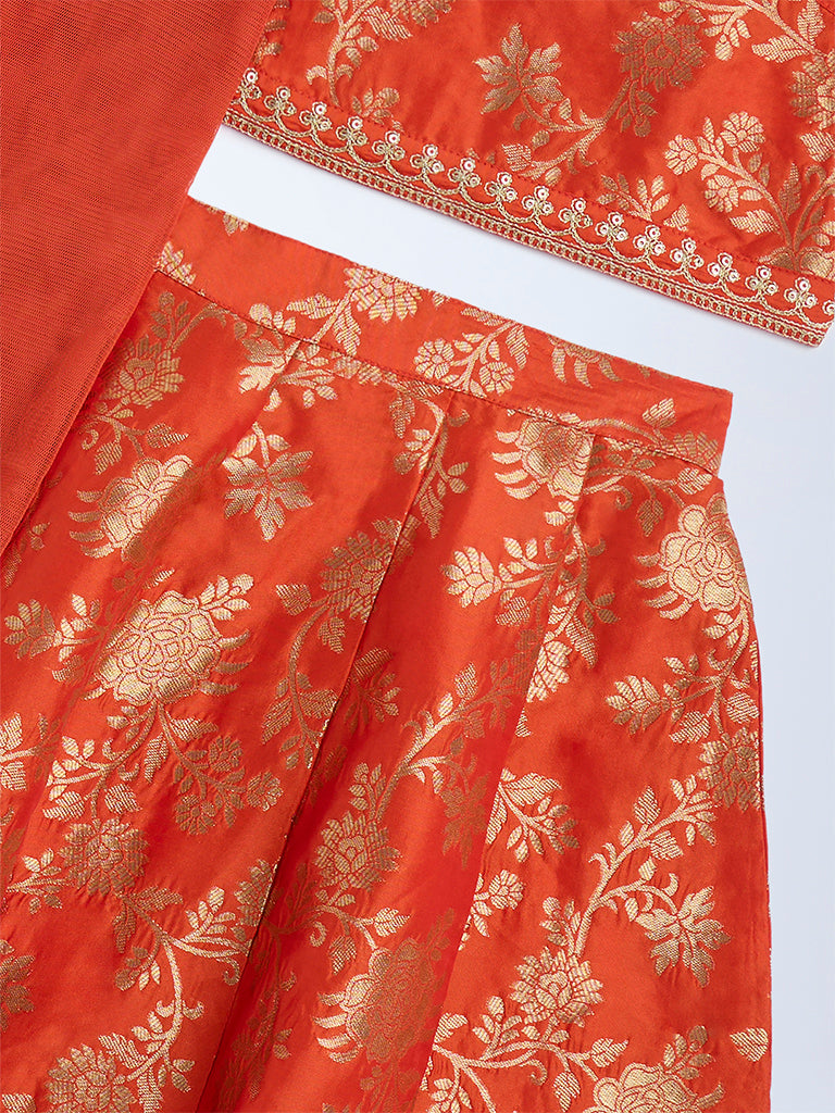Utsa Kids Orange Floral Ghagra. Choli and Dupatta Set - (2-8yrs) - Image 4
