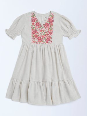 Utsa Kids Off-White Embroidered Cotton-Blend Tiered Dress - (8-14yrs)