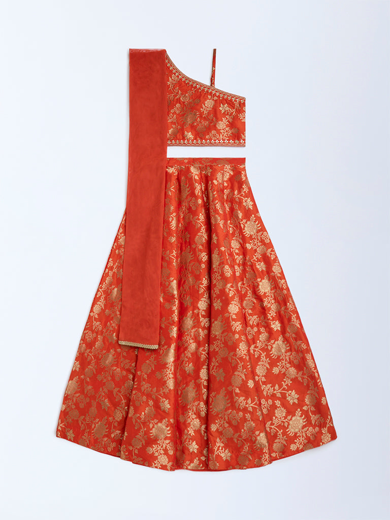 Utsa Kids Orange Floral Ghagra. Choli and Dupatta Set - (8-14yrs)