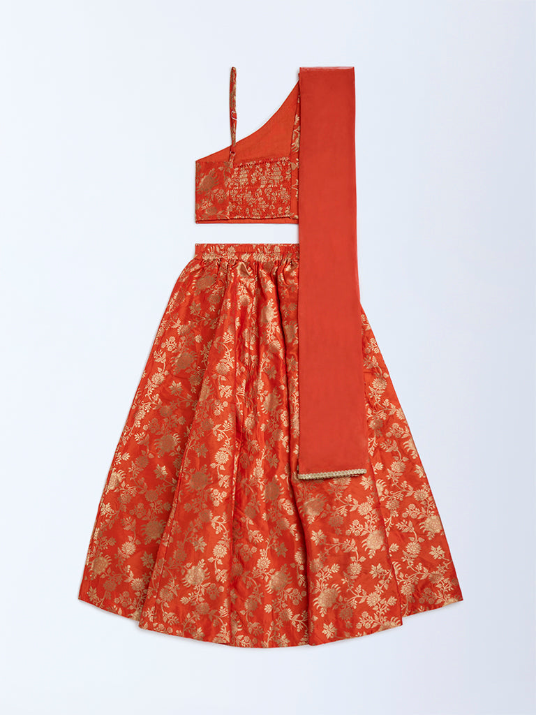 Utsa Kids Orange Floral Ghagra. Choli and Dupatta Set - (8-14yrs) - Image 2