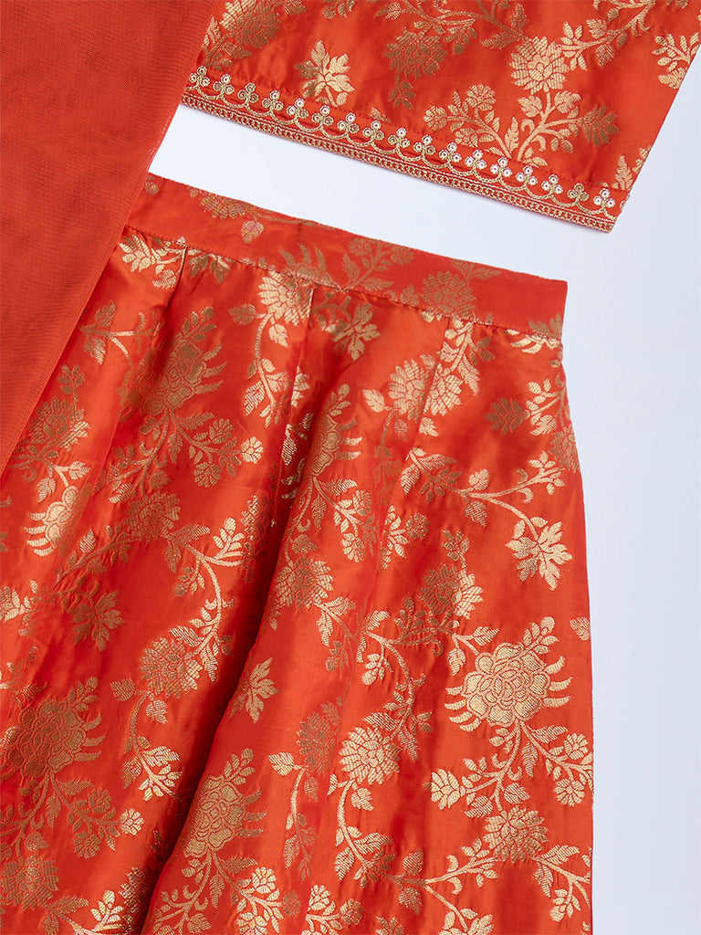 Utsa Kids Orange Floral Ghagra. Choli and Dupatta Set - (8-14yrs) - Image 3