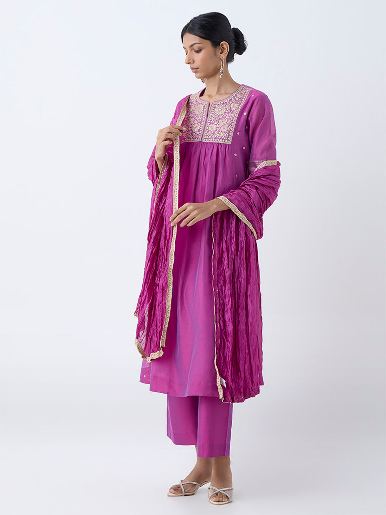 Vark Magenta Floral Embroidered Anarkali Cotton-Blend Ethnic Set