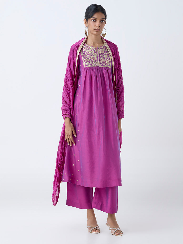 Vark Magenta Floral Embroidered Anarkali Cotton-Blend Ethnic Set - Image 2