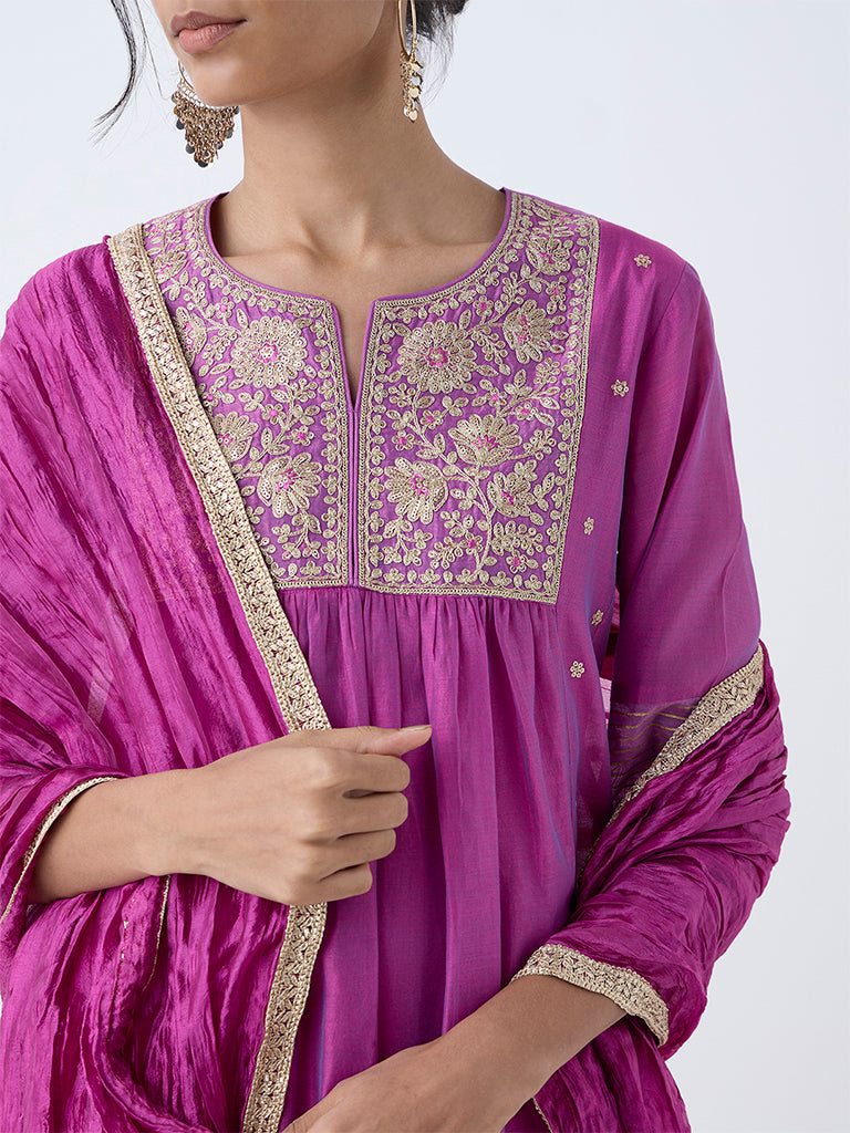 Vark Magenta Floral Embroidered Anarkali Cotton-Blend Ethnic Set - Image 3