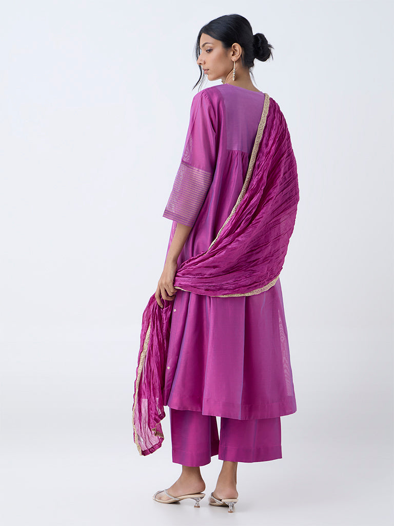 Vark Magenta Floral Embroidered Anarkali Cotton-Blend Ethnic Set - Image 4