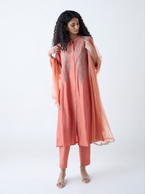 Vark Orange Embroidered A-Line Ethnic Set