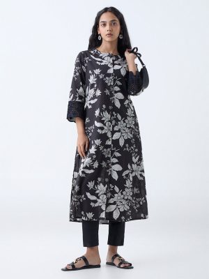 Utsa Black Botanical Design A-Line Cotton-Blend Kurta