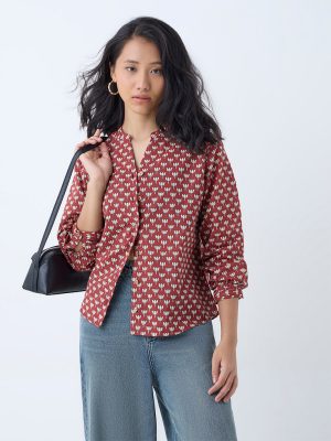 Utsa Red Floral Pattern Cotton Tunic
