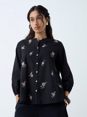 Utsa Black Floral Embroidered Cotton Tunic
