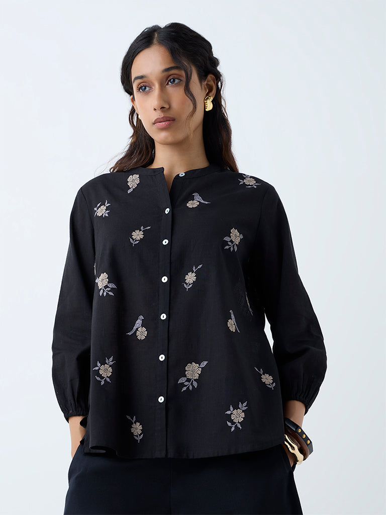 Utsa Black Floral Embroidered Cotton Tunic