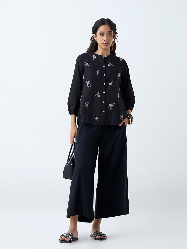 Utsa Black Floral Embroidered Cotton Tunic - Image 2