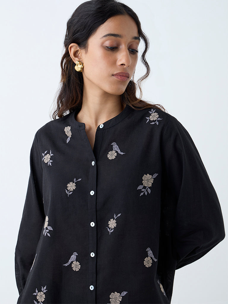 Utsa Black Floral Embroidered Cotton Tunic - Image 3