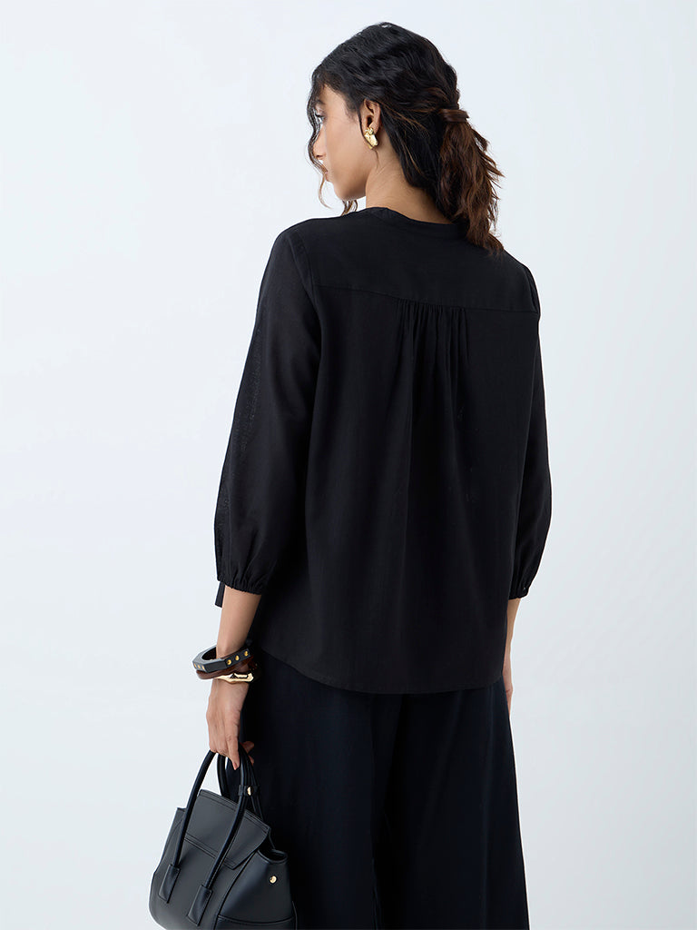 Utsa Black Floral Embroidered Cotton Tunic - Image 4