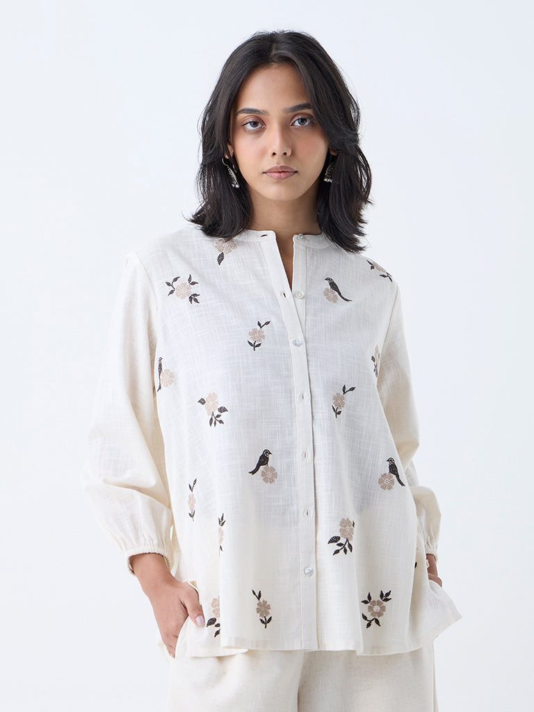 Utsa Off-White Floral Detailed Cotton Tunic