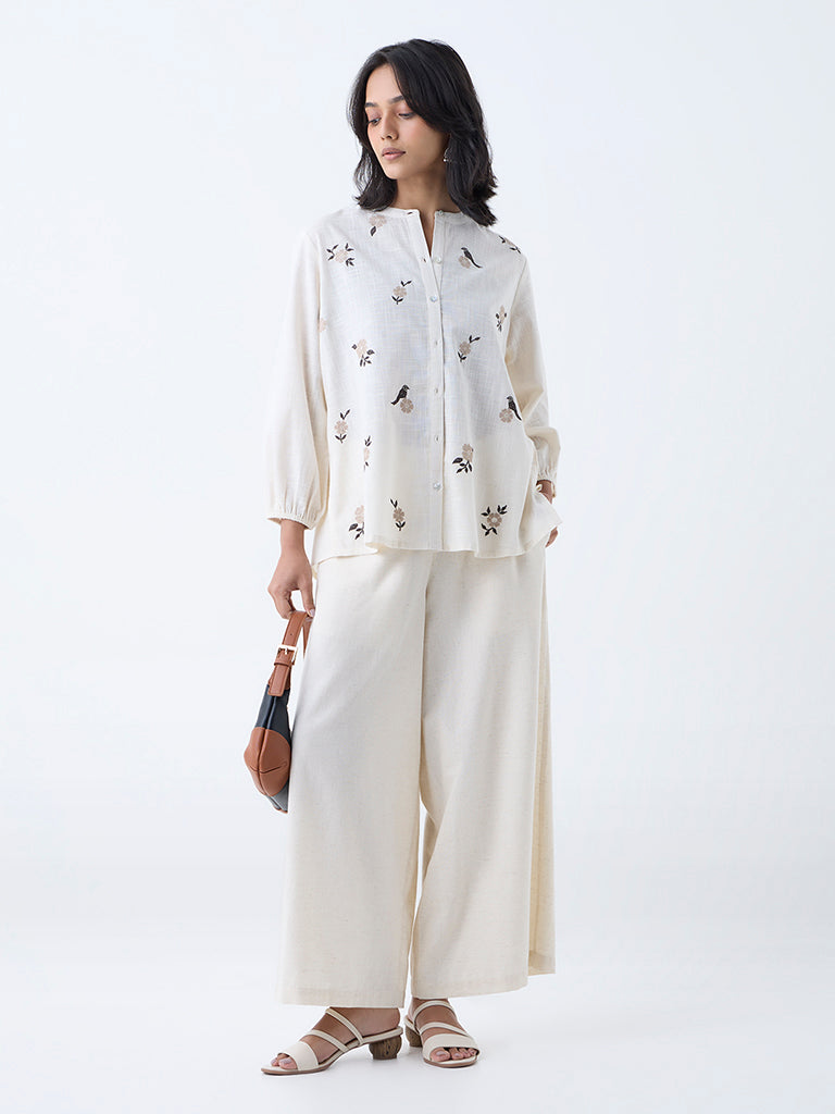 Utsa Off-White Floral Detailed Cotton Tunic - Image 2