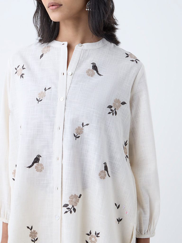 Utsa Off-White Floral Detailed Cotton Tunic - Image 3