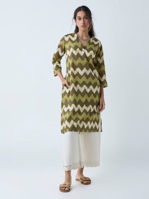 Utsa Olive Chevron Pattern Straight Cotton Kurta