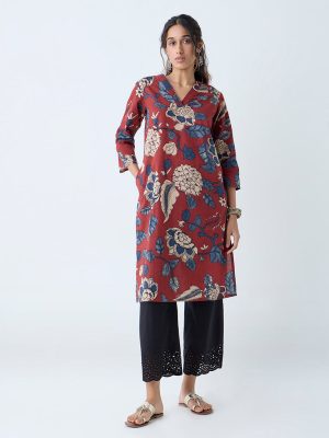 Utsa Red Floral Design Straight Cotton Kurta