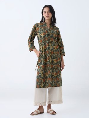 Utsa Olive Foliage Printed Straight Cotton Kurta