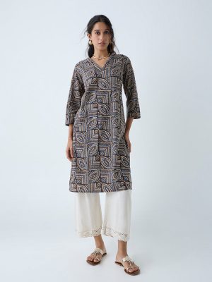Utsa Dark Brown Printed Straight Kurta