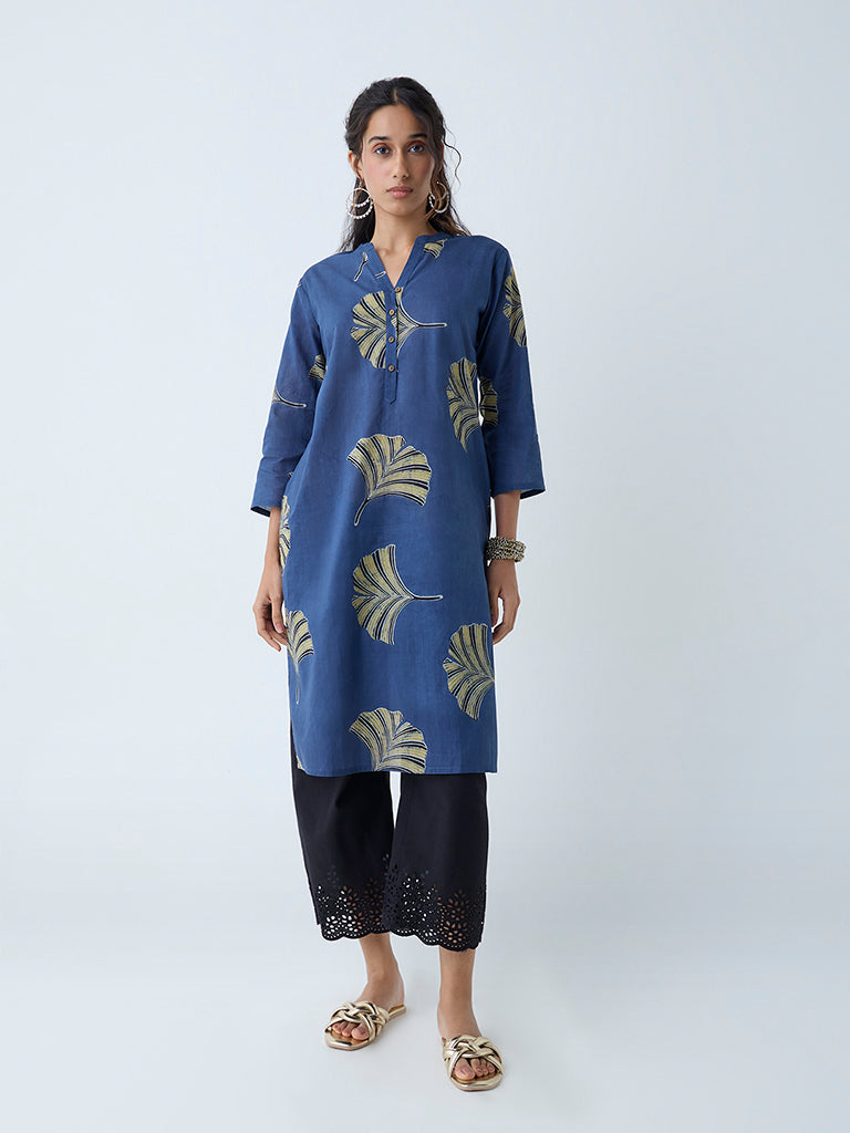 Utsa Dark Blue Leaf Detailed Straight Cotton Kurta
