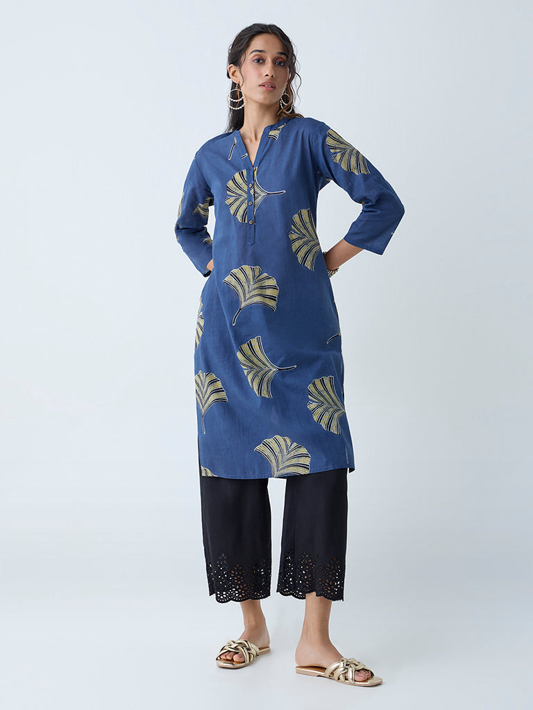 Utsa Dark Blue Leaf Detailed Straight Cotton Kurta - Image 2