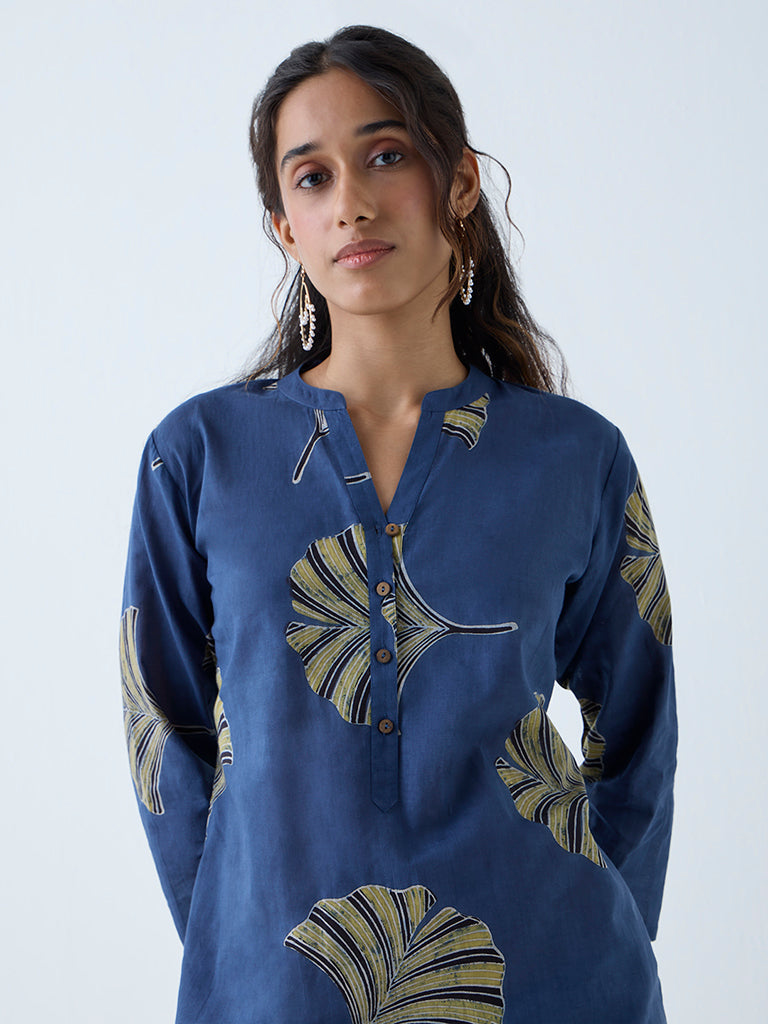 Utsa Dark Blue Leaf Detailed Straight Cotton Kurta - Image 3