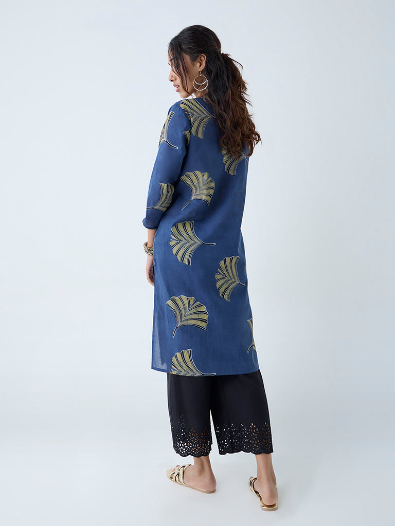Utsa Dark Blue Leaf Detailed Straight Cotton Kurta - Image 4