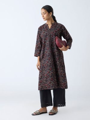 Utsa Black Botanical Printed Straight Cotton Kurta