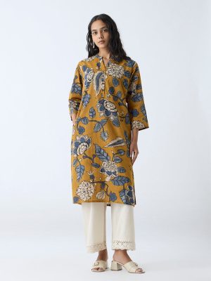 Utsa Mustard Foliage Printed Straight Kurta