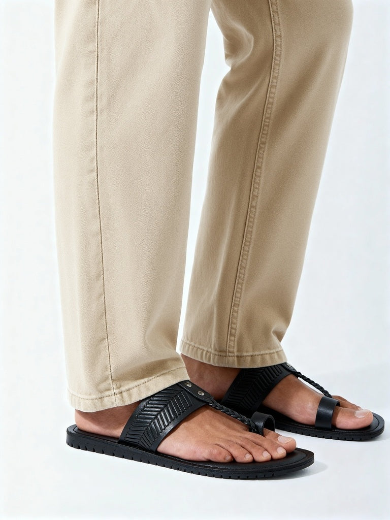 SOLEPLAY Black Textured Toe-Ring Leather Kolhapuri Sandals - Image 2