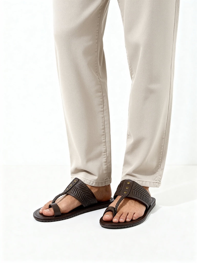 SOLEPLAY Brown Textured Toe-Ring Leather Kolhapuri Sandals - Image 2