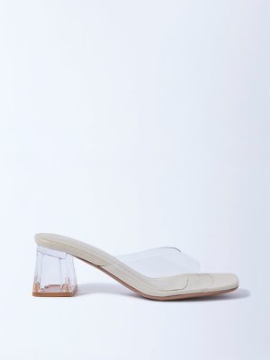 LUNA BLU Ivory Vinyl Strap Block Heel Sandals
