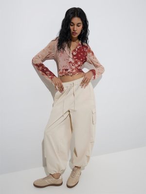 Nuon Brown Floral Detailed Mesh Top